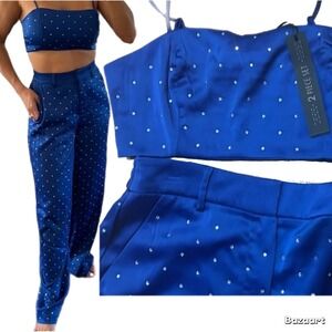 NWT House of Harlow 2 Piece Pant Set Crop tank top Blue Rhinestone Sparkle L
